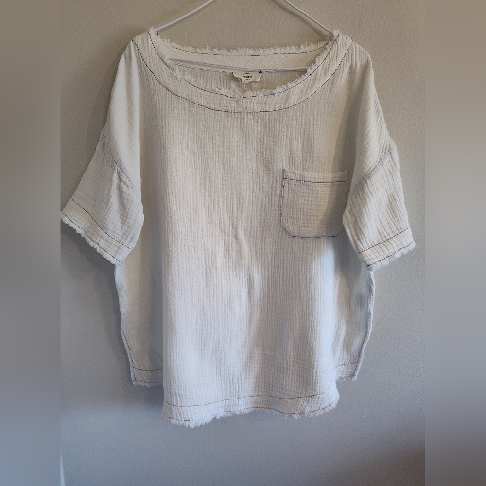 Entro Cotton Gauze Boxy Fringe Top  Shirt Coastal Grandma Cream Black Large